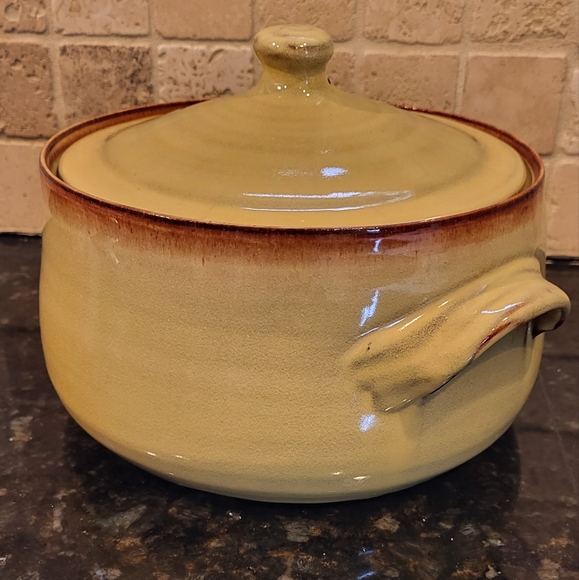 Vintage Seagrove North Carolina Yellow with Brown Pottery Casserole Dish w/ Lid - Picture 3 of 16